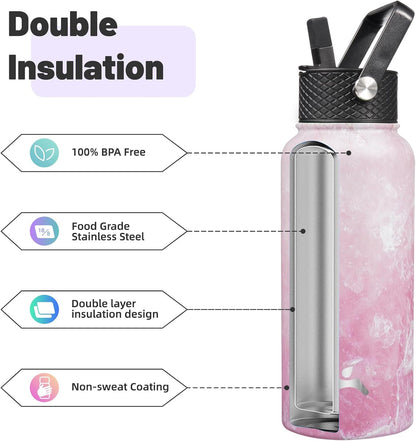 Skiennix 32 Oz Insulated Water Bottle - Stainless Steel Sport Bottle with 3 Lids | Marble Blossom