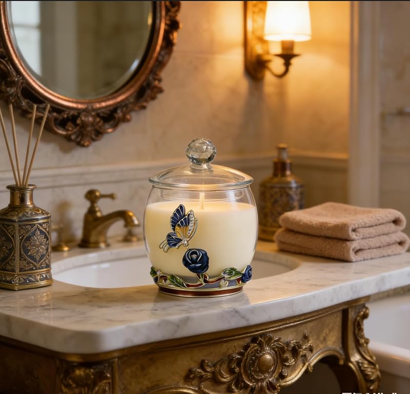 Blue Butterfly Rose Scented Soy Candle – Luxe Glass Jar with Crystal Lid, 60-80 Hr Burn
