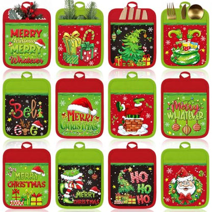Christmas Pot Holders with Pockets - Red Green Elf Holiday Kitchen Accessories - Funny Variation