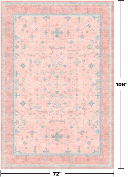 Oushak Rugs | Washable Pink & Blue 6x9 Area Rug - Soft Faux Wool, Modern Floral Design for Kids' Rooms