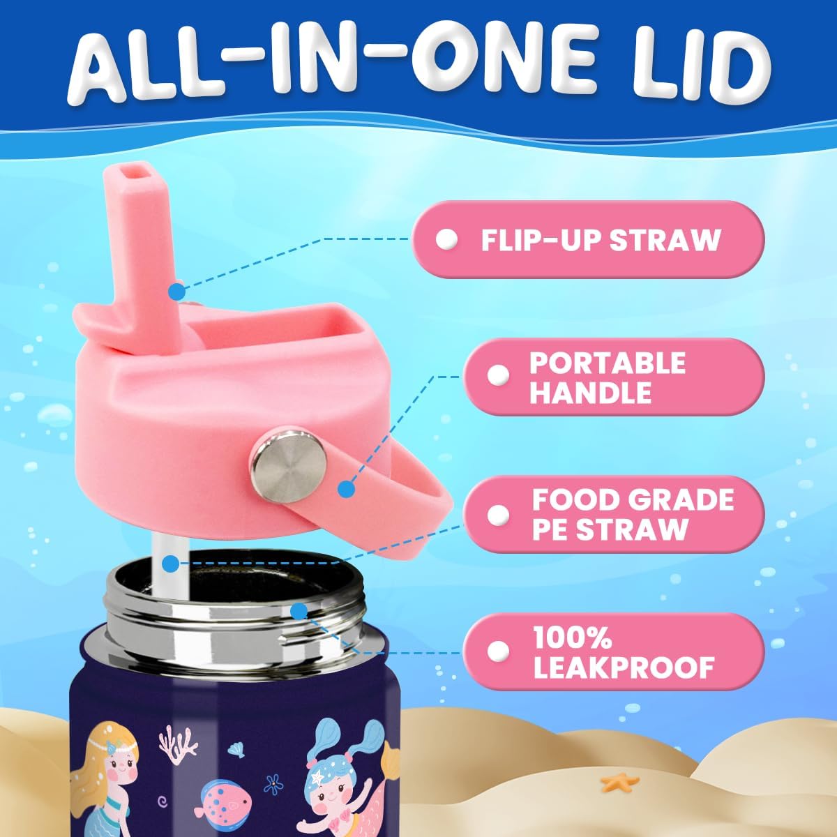Skiennix Mermaid Water Bottle - Insulated 12 Oz Stainless Steel Cup with Straw Lid for Girls | Perfect for School & Sports