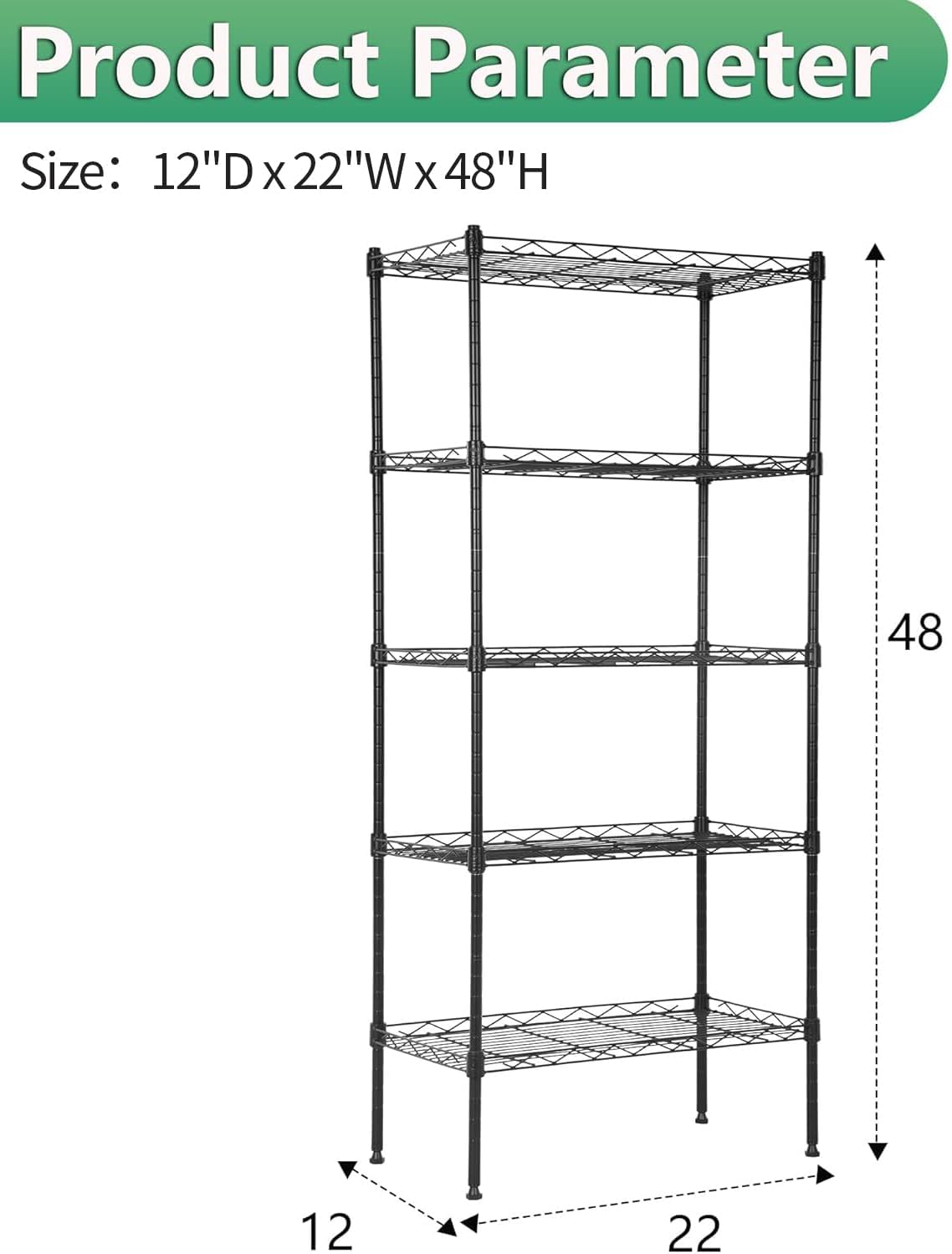 BestOffice 5-Tier Wire Storage Shelves - Heavy-Duty Metal | Adjustable Racks | 22x12x48 | Black | Holds Up to 750 lbs | No-Tool Assembly for Home & Garage