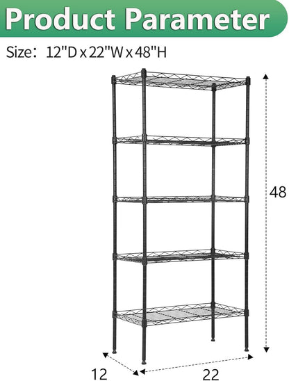 BestOffice 5-Tier Wire Storage Shelves - Heavy-Duty Metal | Adjustable Racks | 22x12x48 | Black | Holds Up to 750 lbs | No-Tool Assembly for Home & Garage
