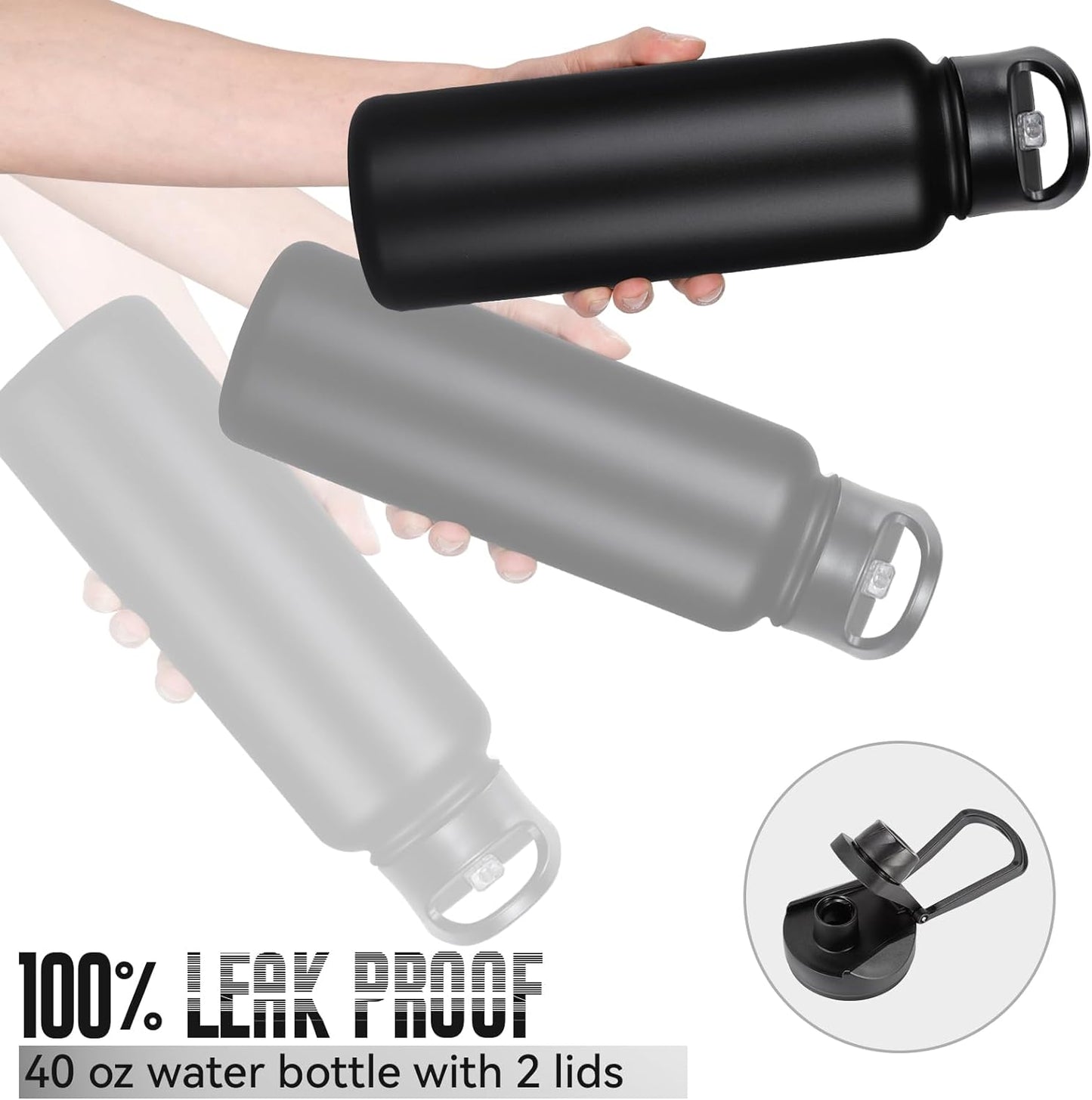 Skiennix 40 Oz Insulated Water Bottle - Stainless Steel, Double Wall, Leakproof | Black with Straw & Wide Mouth Lid