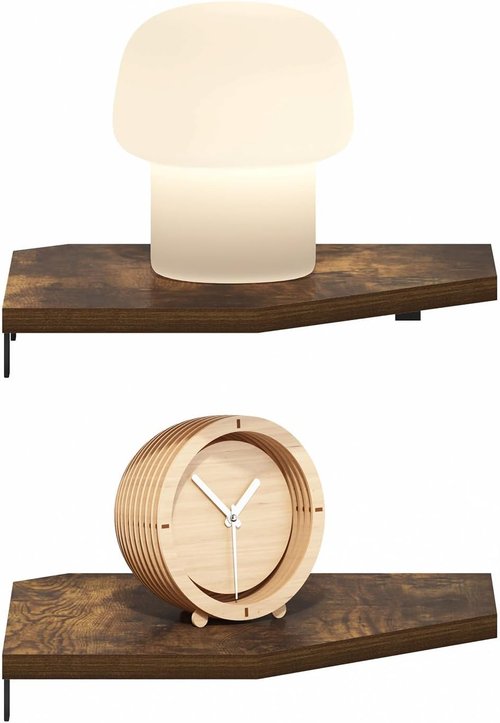Furinno Rossi Hexagon Floating Shelves - Set of 2 Geometric Wall-Mounted Corner Shelves | Amber Pine