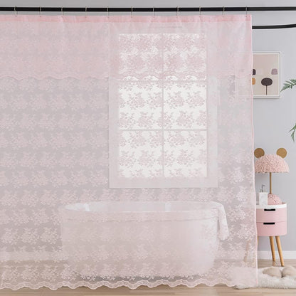 TUDECO Pink Shower Curtain - Shabby Chic Lace Design with Sheer Valance | Vintage Floral Aesthetic, 72 x 72 Inch