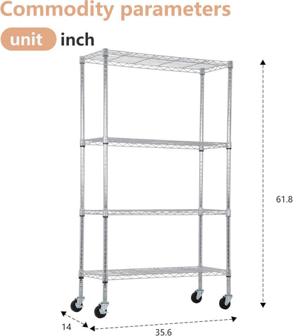 BestOffice 4-Tier Wire Storage Shelves with Wheels - Heavy-Duty Metal, Adjustable Racks | 36x14x62 | Chrome Finish, Holds Up to 500 lbs | Easy No-Tool Assembly for Home & Garage