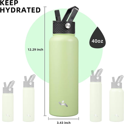 Skiennix 40oz Insulated Stainless Steel Water Bottle - Durable Sport Bottle with 3 Lids | Macaron Green