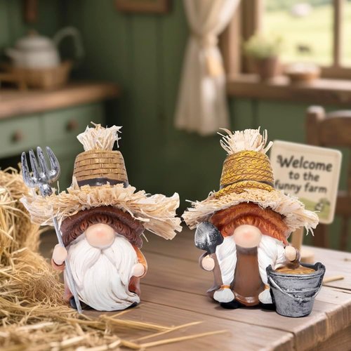 Hodao Farmer Gnomes Figurines - Rustic Hand-Painted Resin with Straw Hats & Farm Tools | Perfect Garden Decor