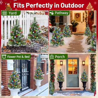 30 Inch Outdoor Christmas Tree Set with Lights - 2 Pack Prelit Holiday Decor