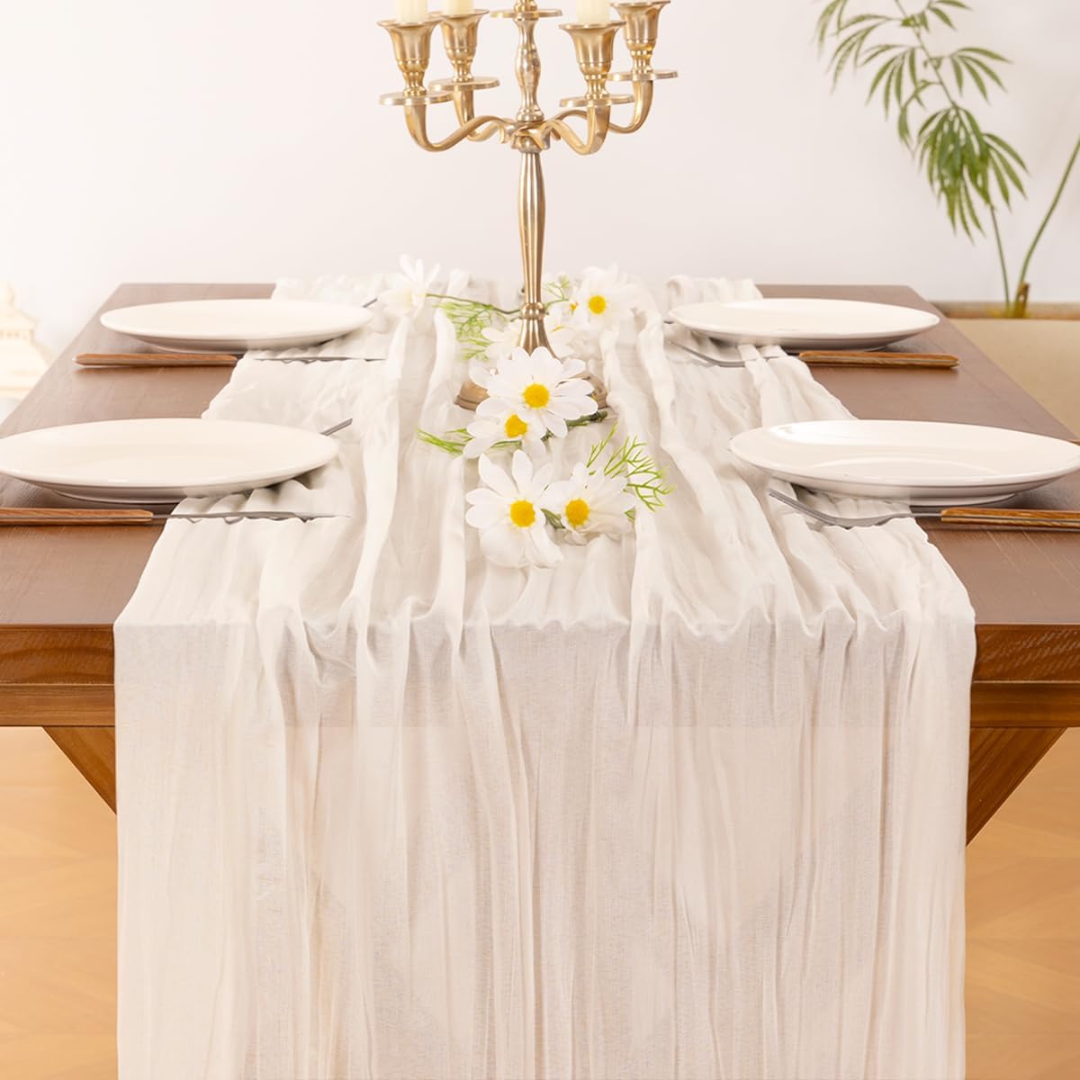 Socomi Ivory White Cheesecloth Table Runner - 120 Inch Rustic Boho Decor for Weddings & Events