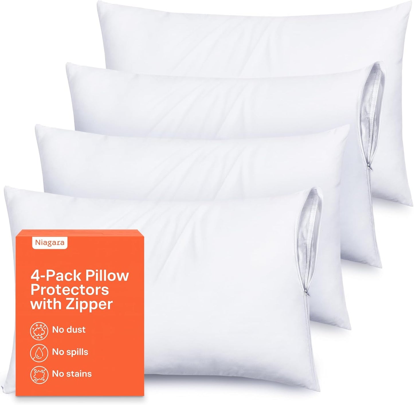 Ultra Soft Pillow Protectors by [Brand Name] - Zippered Queen Size Set of 4 - Breathable & 100% Stain Protection (White)
