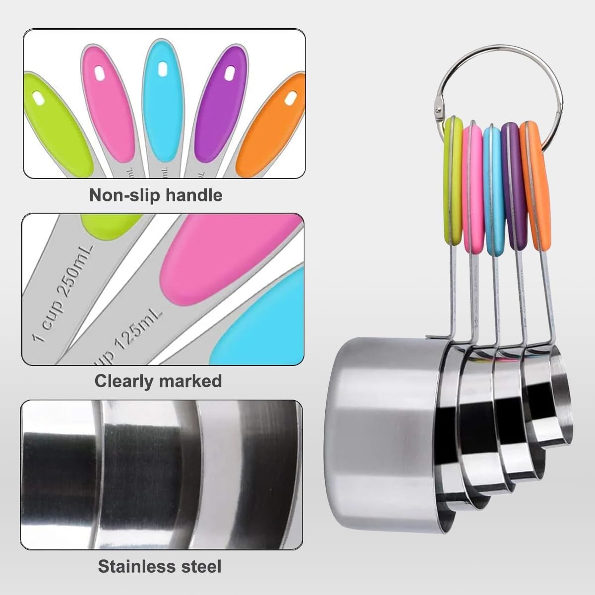 Skiennix Measuring Cups and Spoons Set - 10-Piece Stainless Steel with Silicone Handles | Stackable & Easy to Store