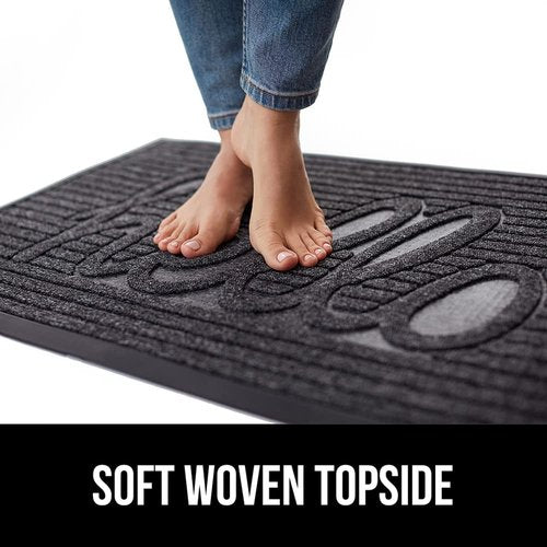 GORILLA GRIP 100% Waterproof All-Season WeatherMAX Doormat, US Designed Natural Rubber, Stain and Fade Resistant, Low Profile Indoor Outdoor Door Mats, Easy Clean Patio Mat, 29x17, Charcoal Hello