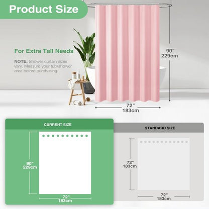 Dynamene Extra Long Fabric Shower Curtain - Waffle Weave 90 Inches Long Heavy Duty Cloth Shower Curtains for Bathroom, 256GSM Tall Hotel Luxury Bath Curtain Set with 12 Plastic Hooks, Pink