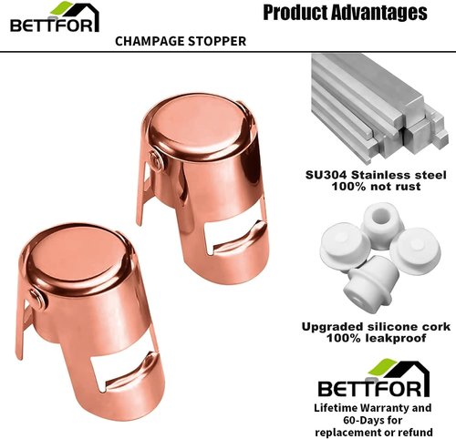Champagne Stoppers with Stainless Steel Champagne Saver with Food Grade Silicone Leak proof Keep Fresh Suitable for Champagne, Cava, Prosecco and Sparkling(RoseGold, 6 Pack)