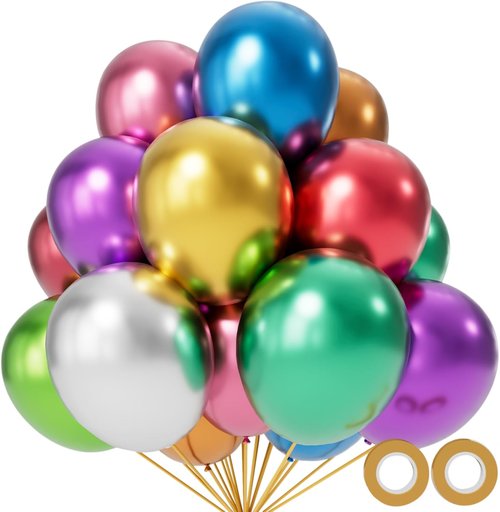 110pcs Metallic Balloons - 12 Inch Latex Balloons for Birthday Party, Baby Shower & Wedding | Includes 2 Ribbons