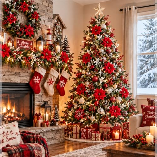 Christmas Artificial Flowers Bundle - Red & Green Poinsettia Berry Greenery - 100 Stems