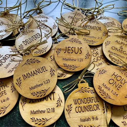 25PCS Wooden Names of Jesus Christmas Ornaments - Rustic Religious Holiday Decorations