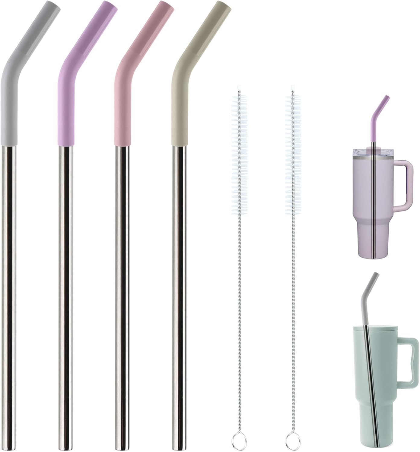 Stanley Replacement Straws - Reusable Metal Straws for 40oz Tumblers | 4-Pack 12" Extra Long with Silicone Tips