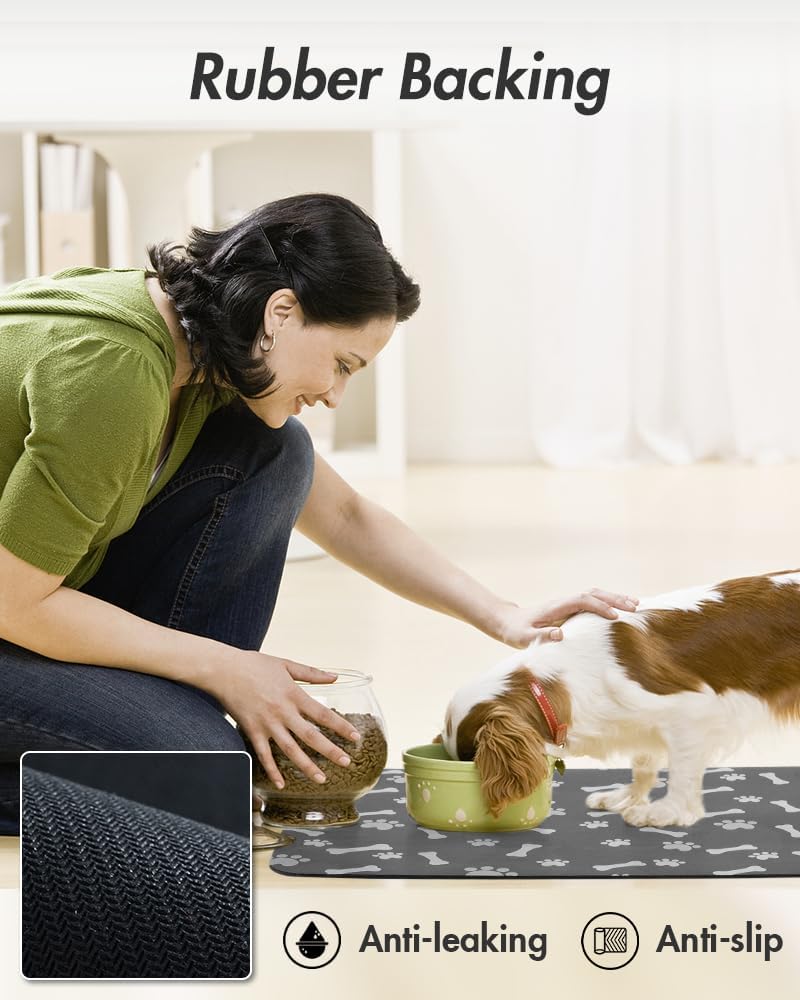 MontVoo Dog Food Mat - Quick Dry Pet Feeding Mat for Messy Drinkers | 12" x 19" Dark Grey