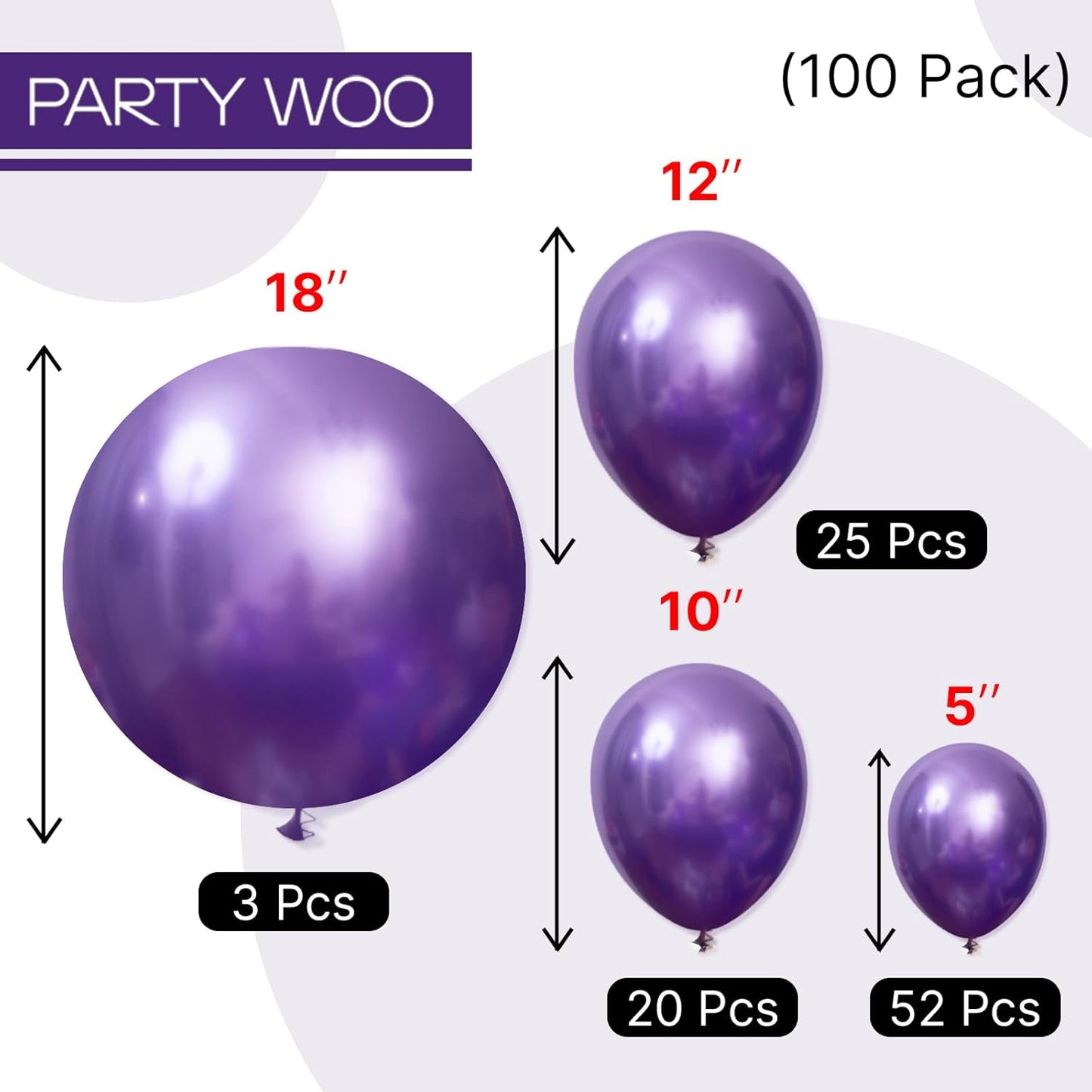 PartyWoo Metallic Purple Balloons - 100pcs Chrome Balloon Arch Kit for Graduation & Birthday Decor | 18", 12", 10", 5" Sizes