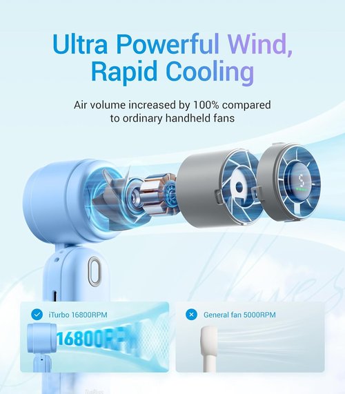 Diveblues High-Speed Portable Handheld Turbo Fan - USB Rechargeable, Compact Design for Travel & Home (Blue)