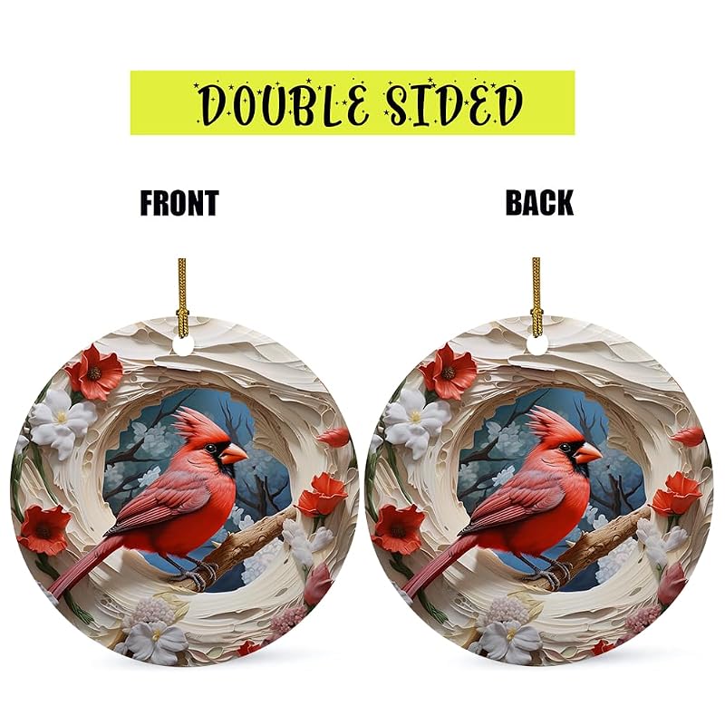3D Red Cardinal Memorial Christmas Ornament - Ceramic Hanging Decoration - Red Variation