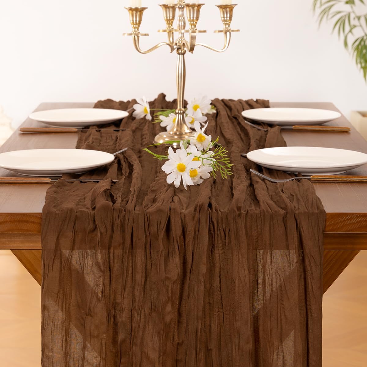 Socomi 3-Piece Brown Coffee Table Runner Set - Boho Rustic Gauze | 120 Inch for Weddings & Events