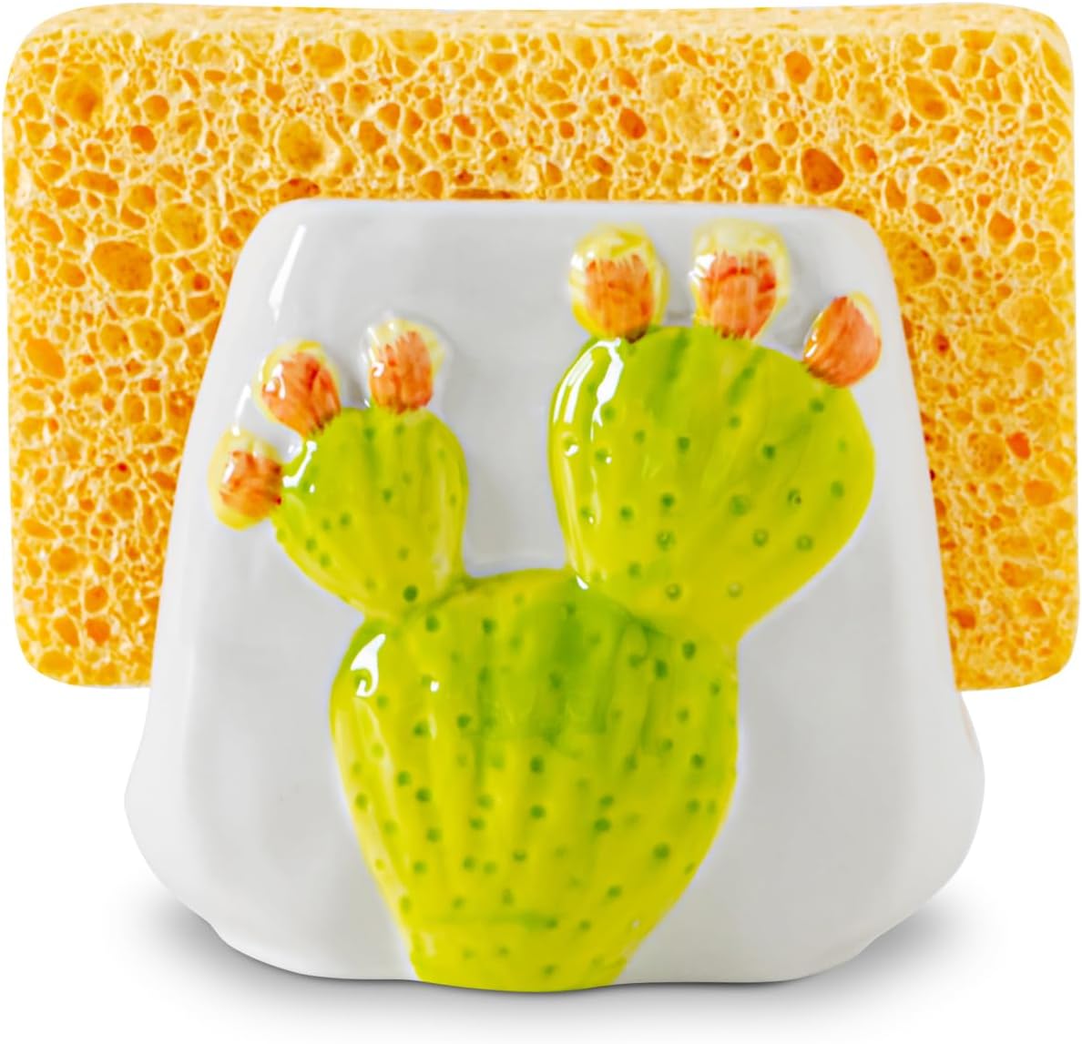 Skiennix Cactus Sponge Holder - Elegant White Ceramic Sink Caddy for Organized Kitchen