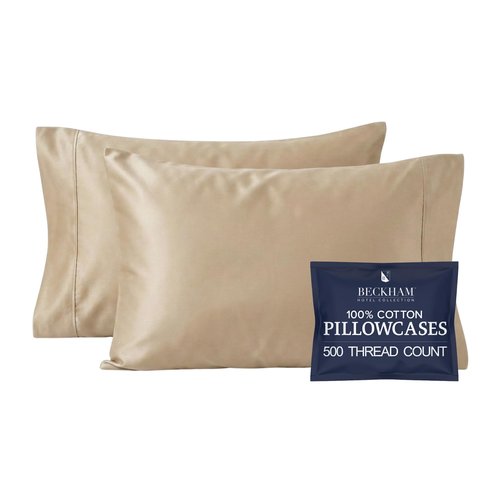 Beckham Hotel Collection Pillowcases Queen Size Set of 2, Cool Touch Cotton Sateen Fabric, 500TC, Silky Smooth & Soft, Open End, Sand