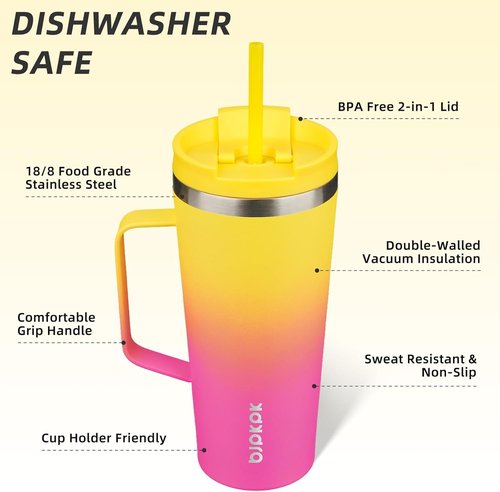 BJPKPK Insulated Tumbler - 22oz Stainless Steel Travel Mug with Handle, Lid & Straw | Pink & Yellow Rose