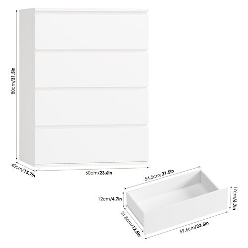 FOTOSOK White Dresser, 4 Drawer Dresser Small Chest of Drawers 23.6L x 15.7W x 31.5H in, Modern White Storage Cabinet with 4 Drawers for Home Office