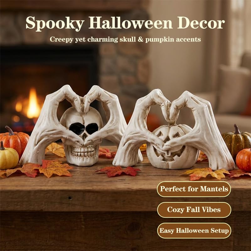 Halloween Skeleton Heart Hands Sculpture Set - Resin Gothic Decor