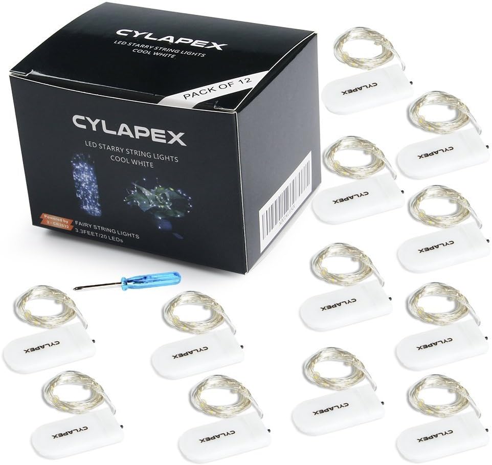 CYLAPEX 12 PCS Fairy Lights - Cool White 3.3FT Silvery Copper Wire | Battery Operated LED String Lights for Weddings & Parties