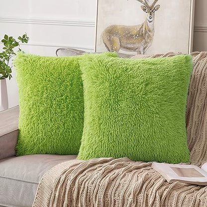 Christmas Plush Pillow Covers 18x18 Grinch Green Pack of 2 - Faux Fur Decor