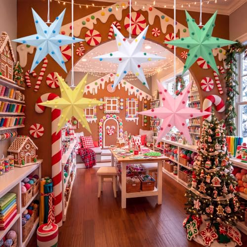 Christmas Paper Star Lanterns Set - Felt Ball Decor 12 Inch Pastel Ornaments