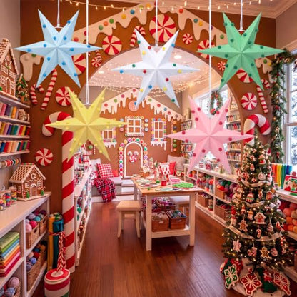 Christmas Paper Star Lanterns Set - Felt Ball Decor 12 Inch Pastel Ornaments