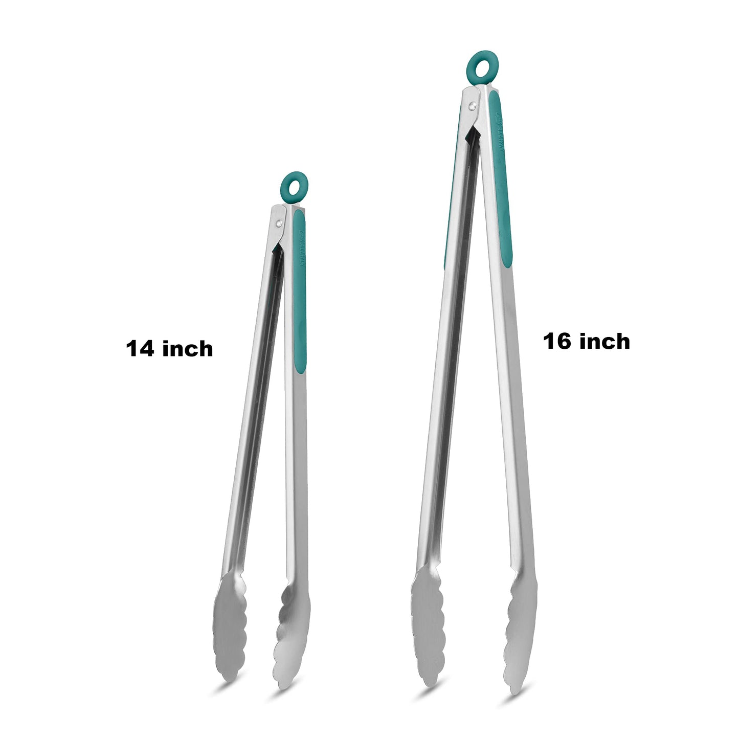 304 Stainless Steel Kitchen Cooking Tongs, 14" and 16" Set of 2 Sturdy Grilling Barbeque Brushed Locking Food Tongs with Ergonomic Grip, Aqua Sky