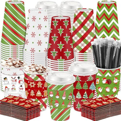 Christmas Paper Cups with Lids & Sleeves 16 oz - Red & Green Stripe, 100 Sets