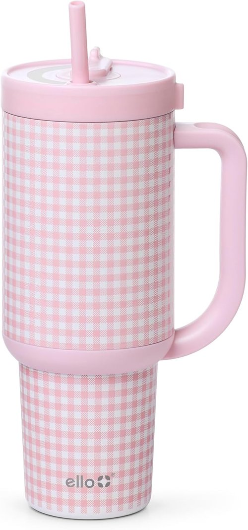 Ello Oasis 40 oz Tumbler - Reusable Insulated Stainless Steel Cup with Handle & Straw | 24-Hour Cold Retention, Pink Gingham