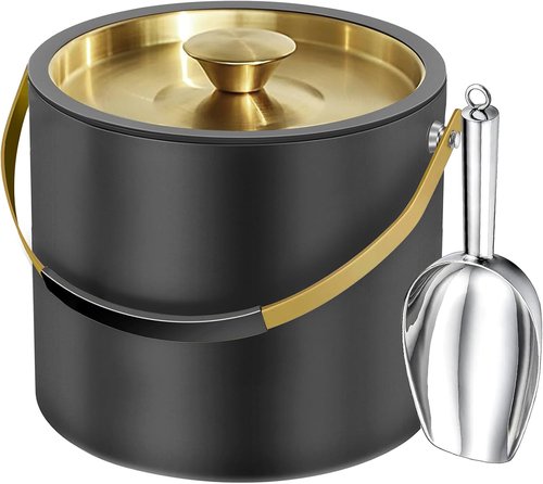 3.2L/3.4QT Modern Insulated Ice Bucket with Silicone Lid, Scoop, Strainer, Double Wall Stainless Steel Ice Bucket for Parties & Cocktail Bar,Ideal for Gift(Black)