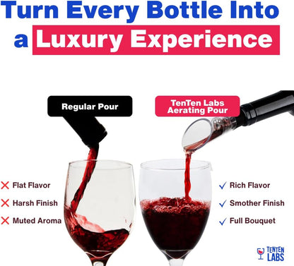 Red Wine Aerator Pourer and Wine Stopper (2-pack) by TenTen Labs - Premium Wine Decanter Set with Bottle Stopper and Re-corker - Gift Box Included (Black)