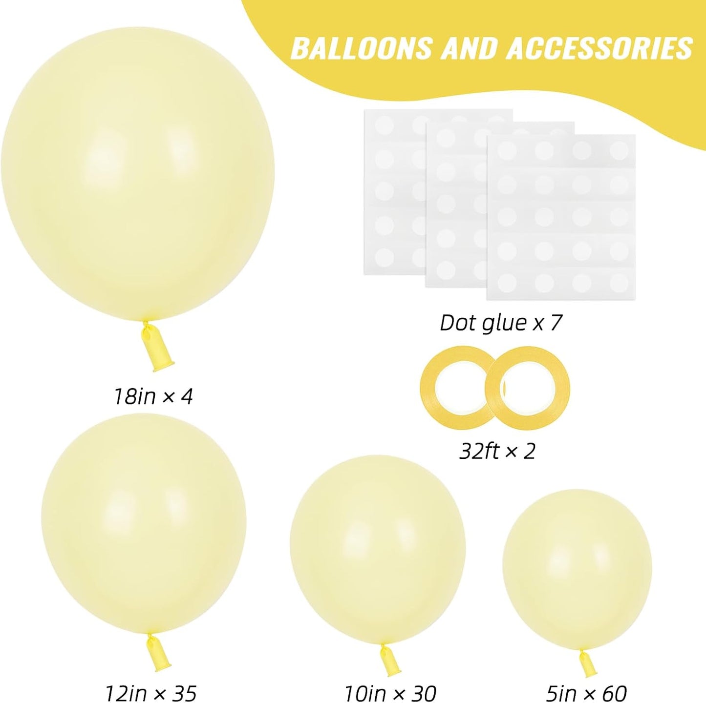 RUBFAC Pastel Yellow Balloons - 129pcs in Various Sizes for Birthday, Wedding, Baby Shower Decor