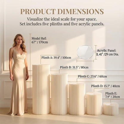 Wedding Pedestal Stand Set with Acrylic Tops - 5 Graduated Heights, Heavy-Duty Columns