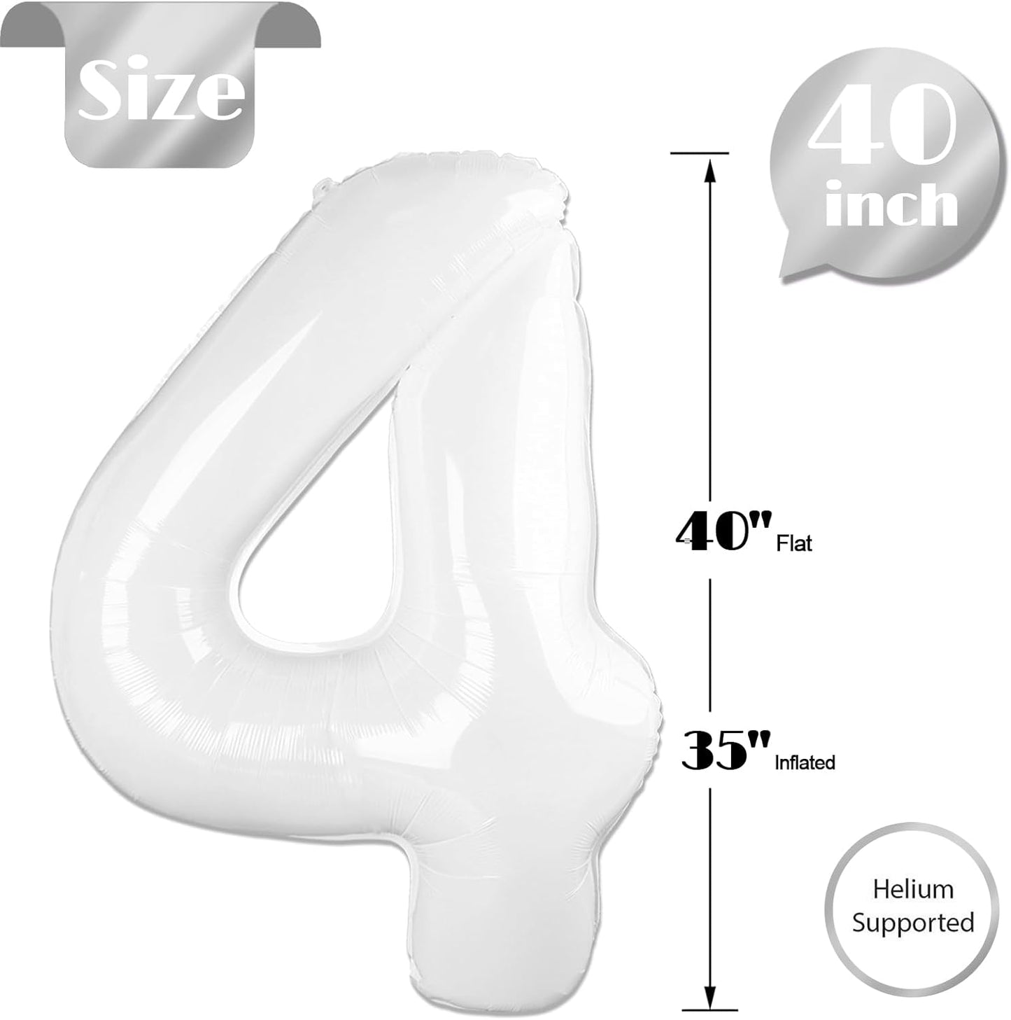 White Number 4 Balloon - 40 Inch Giant Foil Balloon for 4th Birthday Party Decorations