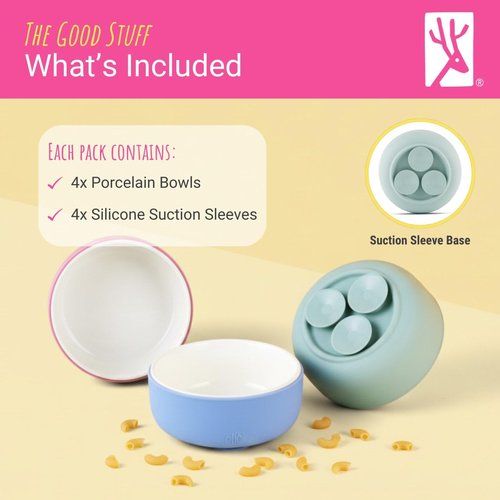 Elk and Friends Kids Porcelain Bowls with Silicone Suction Sleeves | Suitable for Babies/Toddlers | Microwave & Dishwasher Safe | Stay Put Dinnerware | Snack Dishes | 4 Pack