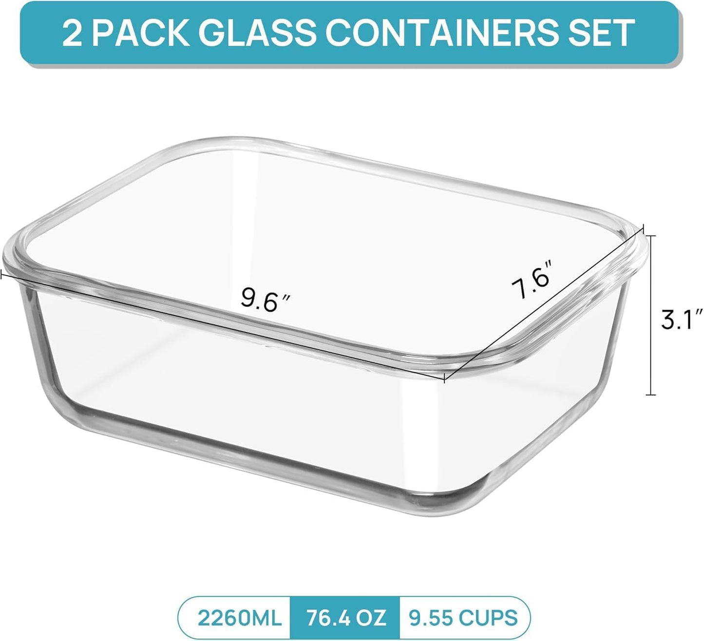 Vtopmart Large Glass Food Storage Containers - 2-Pack 76.4oz with Airtight Lids | Leak-Proof & Microwave Safe