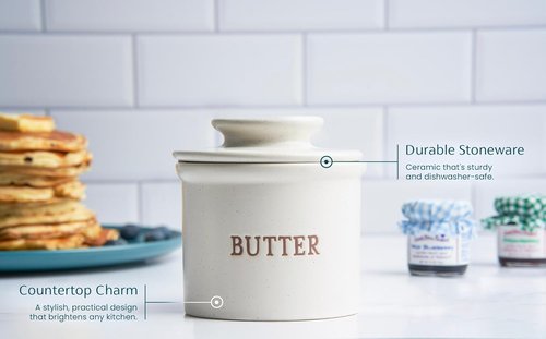 Kook Butter Keeper Dish - French Ceramic Crock with Lid for Soft Butter | Matte Oatmeal, Perfect Holiday Gift
