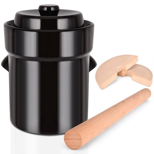 Fermentation Crock 5 Liter / 1.3 Gallon, Sauerkraut Crock with Lid, Weights & Pounder - Ceramic Fermenting Crock Kit for Pickling Cabbage Kimchi Pickle Vegetables- Sauerkraut Fermentation Crock.
